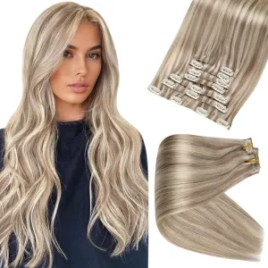 Full Shine Hair Extensions Real Human Hair Clip ins Blonde Highlight Seamless Clip in Human Hair Extensions PU Skin Weft Add Volume 18 Inch 8 Pcs 120 Grams