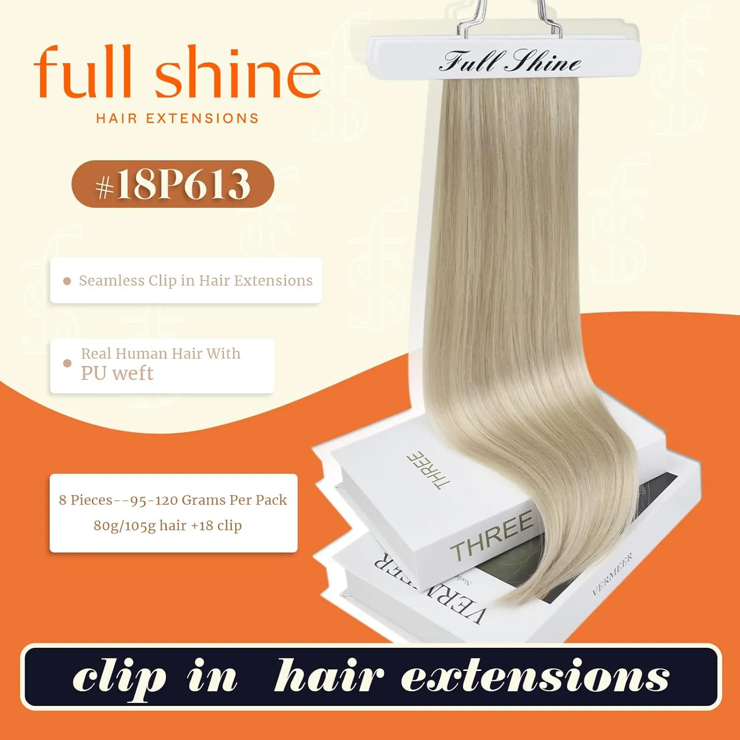 Full Shine Hair Extensions Real Human Hair Clip ins Blonde Highlight Seamless Clip in Human Hair Extensions PU Skin Weft Add Volume 18 Inch 8 Pcs 120 Grams