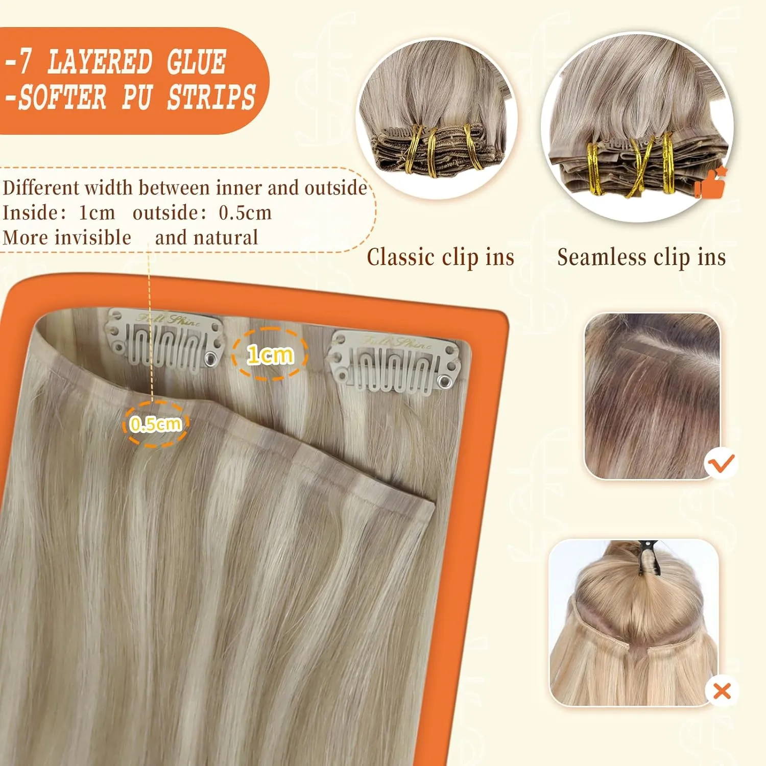 Full Shine Hair Extensions Real Human Hair Clip ins Blonde Highlight Seamless Clip in Human Hair Extensions PU Skin Weft Add Volume 18 Inch 8 Pcs 120 Grams