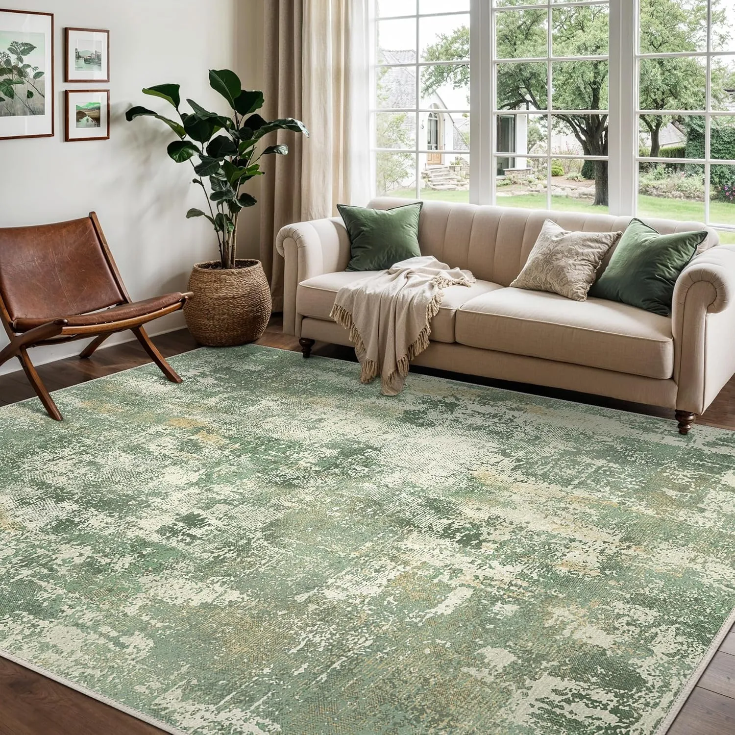 GENIMO 8x10 Area Rugs for Living Room, Machine Washable Rug Non Slip, Low Pile Ultra-Thin Lightweight Large Carpet, Abstract Modern Rugs for Bedroom, Dining Room, Office, Nursery, Olive Green