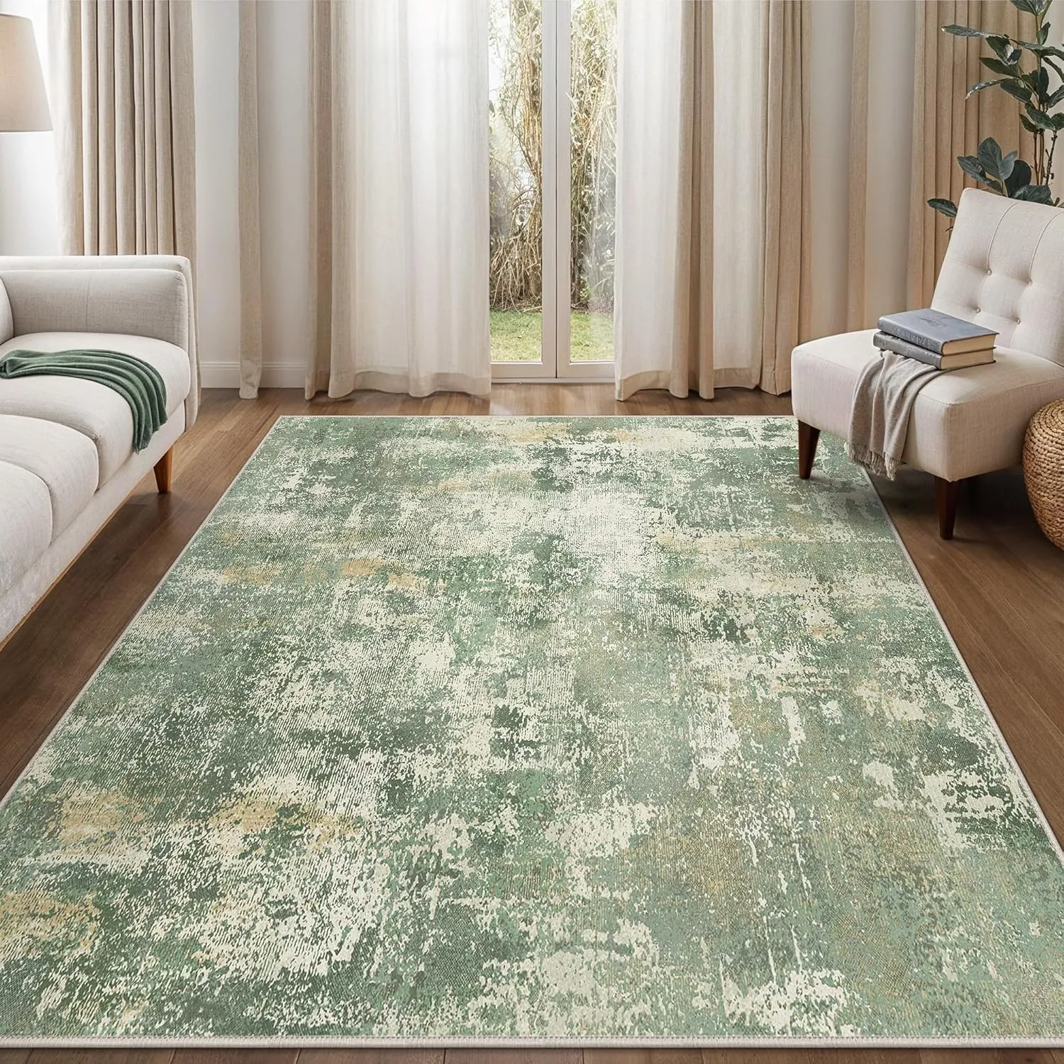 GENIMO 8x10 Area Rugs for Living Room, Machine Washable Rug Non Slip, Low Pile Ultra-Thin Lightweight Large Carpet, Abstract Modern Rugs for Bedroom, Dining Room, Office, Nursery, Olive Green