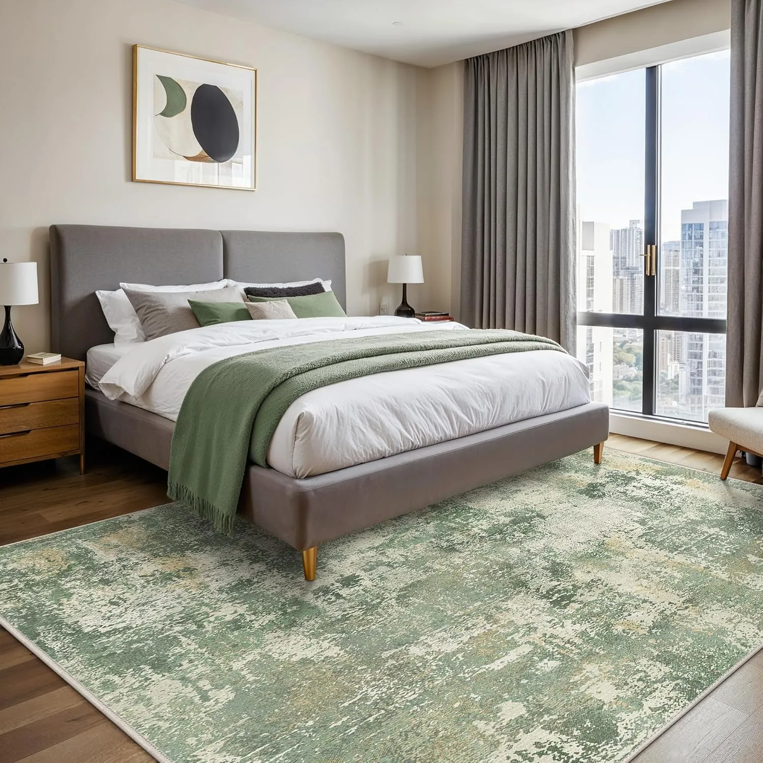 GENIMO 8x10 Area Rugs for Living Room, Machine Washable Rug Non Slip, Low Pile Ultra-Thin Lightweight Large Carpet, Abstract Modern Rugs for Bedroom, Dining Room, Office, Nursery, Olive Green