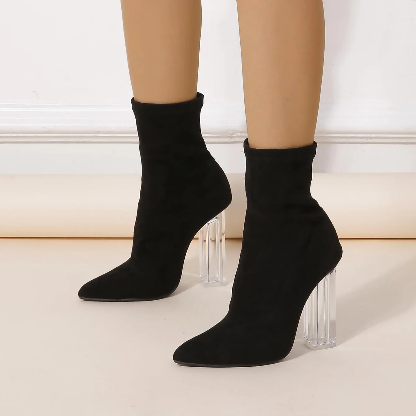 getmorebeauty Women's Ankle Boots Knit Sock Booties Clear High Heel Pointed Toe Slip On Stretch Booties for Autumn Winter