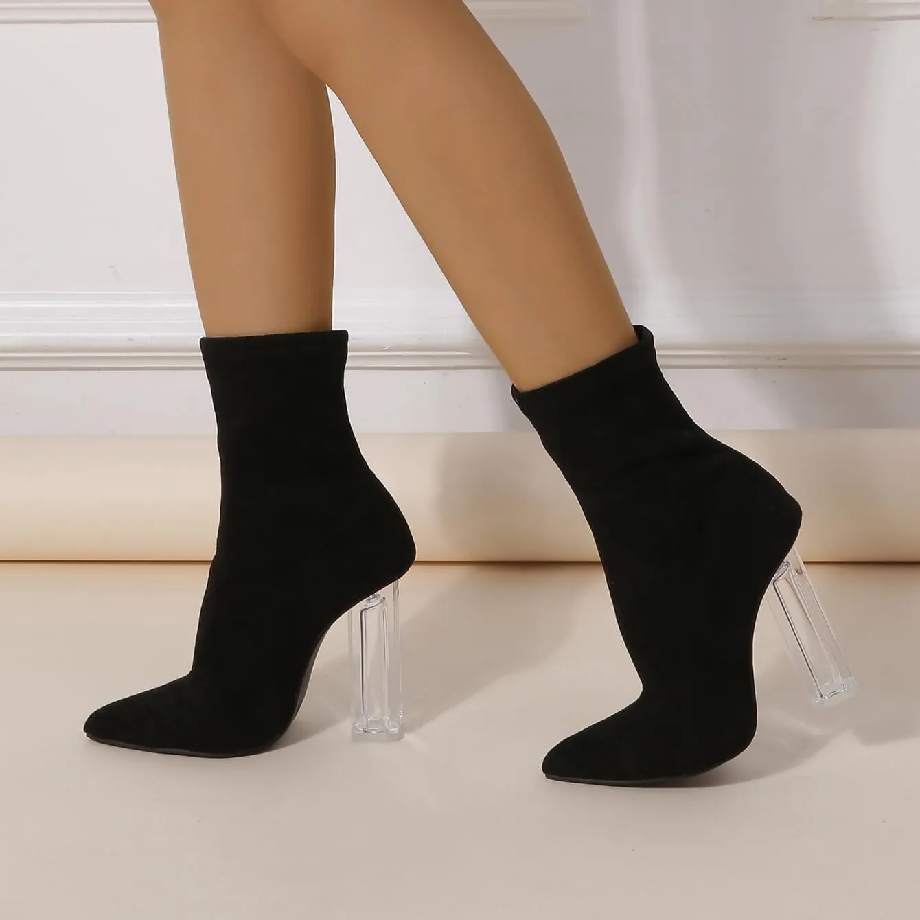 getmorebeauty Women's Ankle Boots Knit Sock Booties Clear High Heel Pointed Toe Slip On Stretch Booties for Autumn Winter