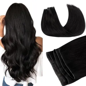 GOO GOO Genius Human Hair Extensions, Sew In Remy Weft, 1B Natural Black 22inch 120g, Hand Tied Weft