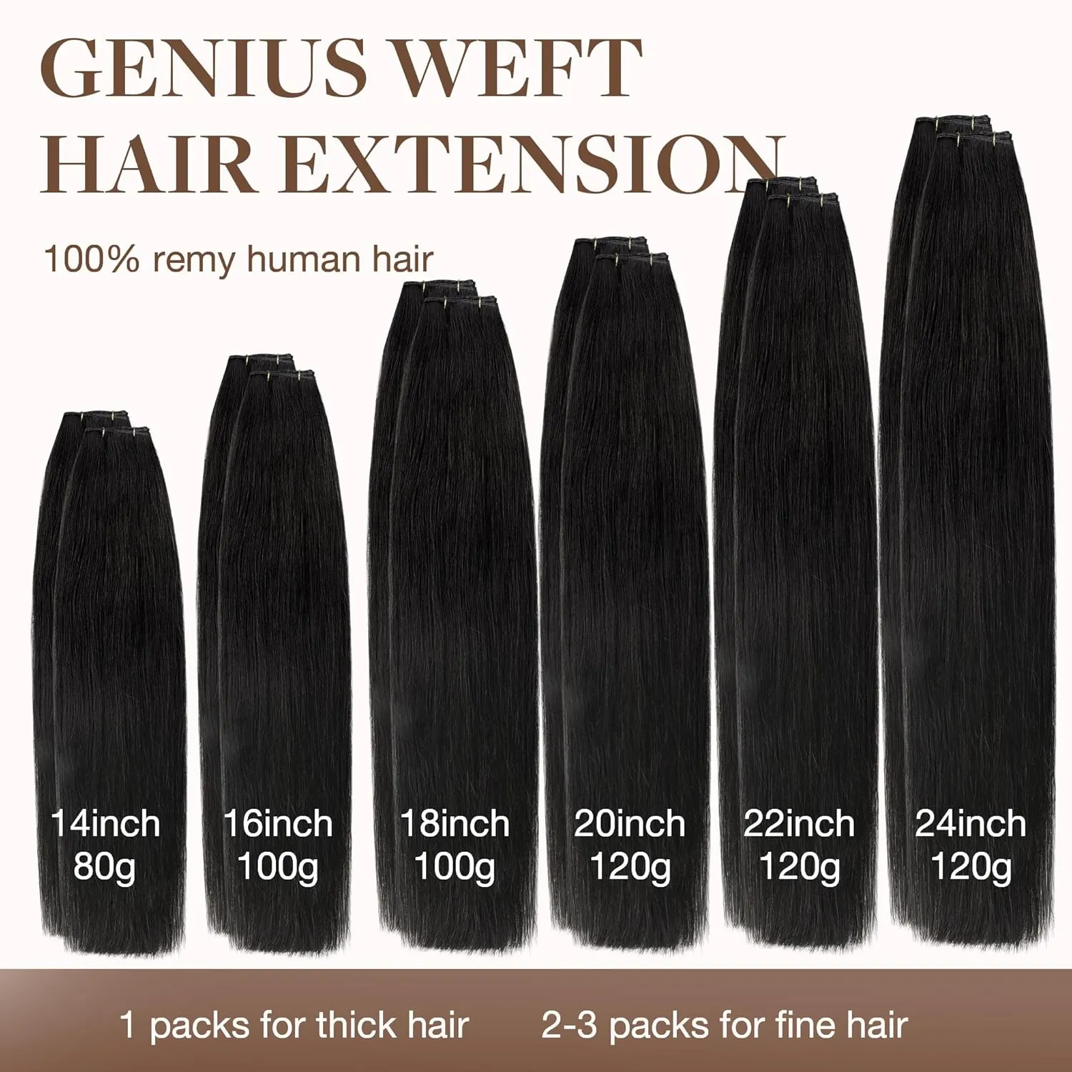 GOO GOO Genius Human Hair Extensions, Sew In Remy Weft, 1B Natural Black 22inch 120g, Hand Tied Weft