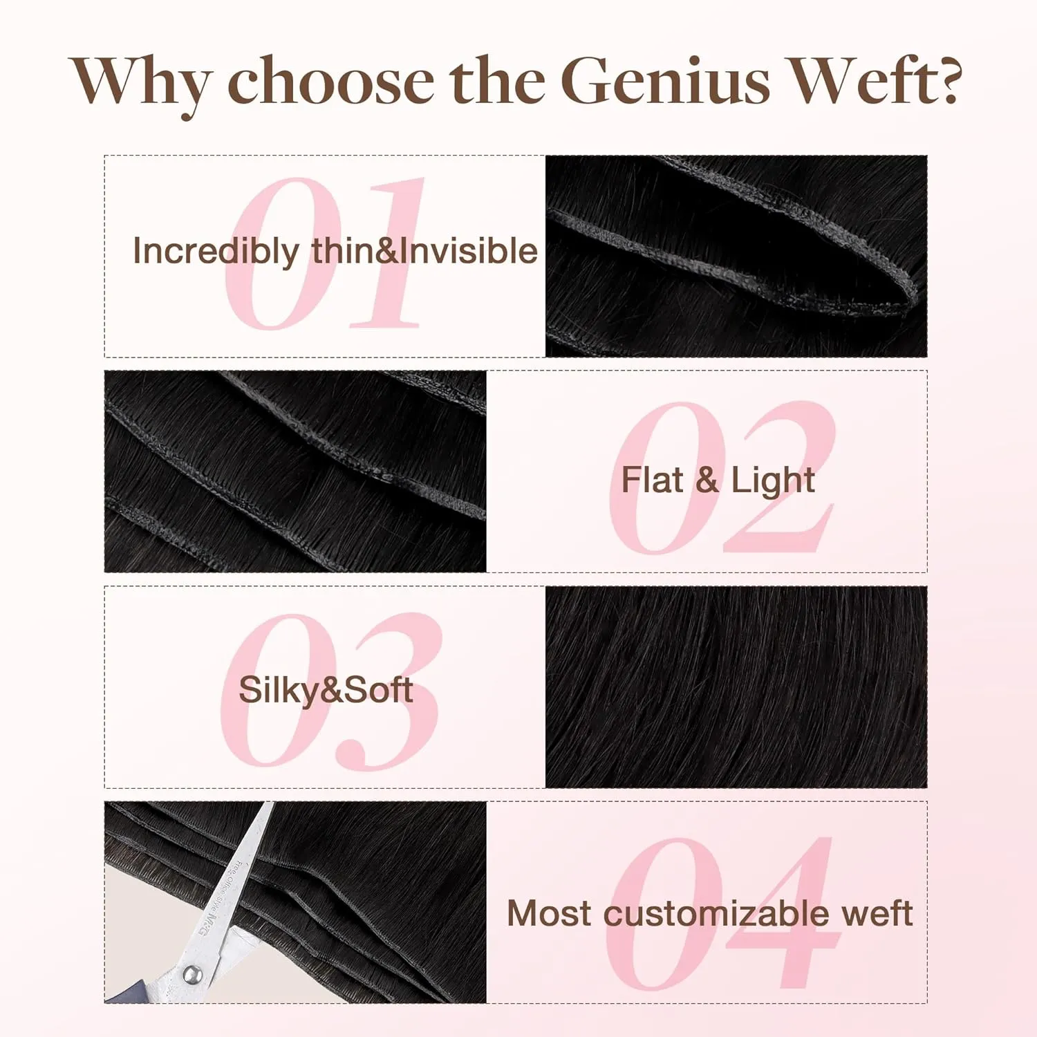 GOO GOO Genius Human Hair Extensions, Sew In Remy Weft, 1B Natural Black 22inch 120g, Hand Tied Weft