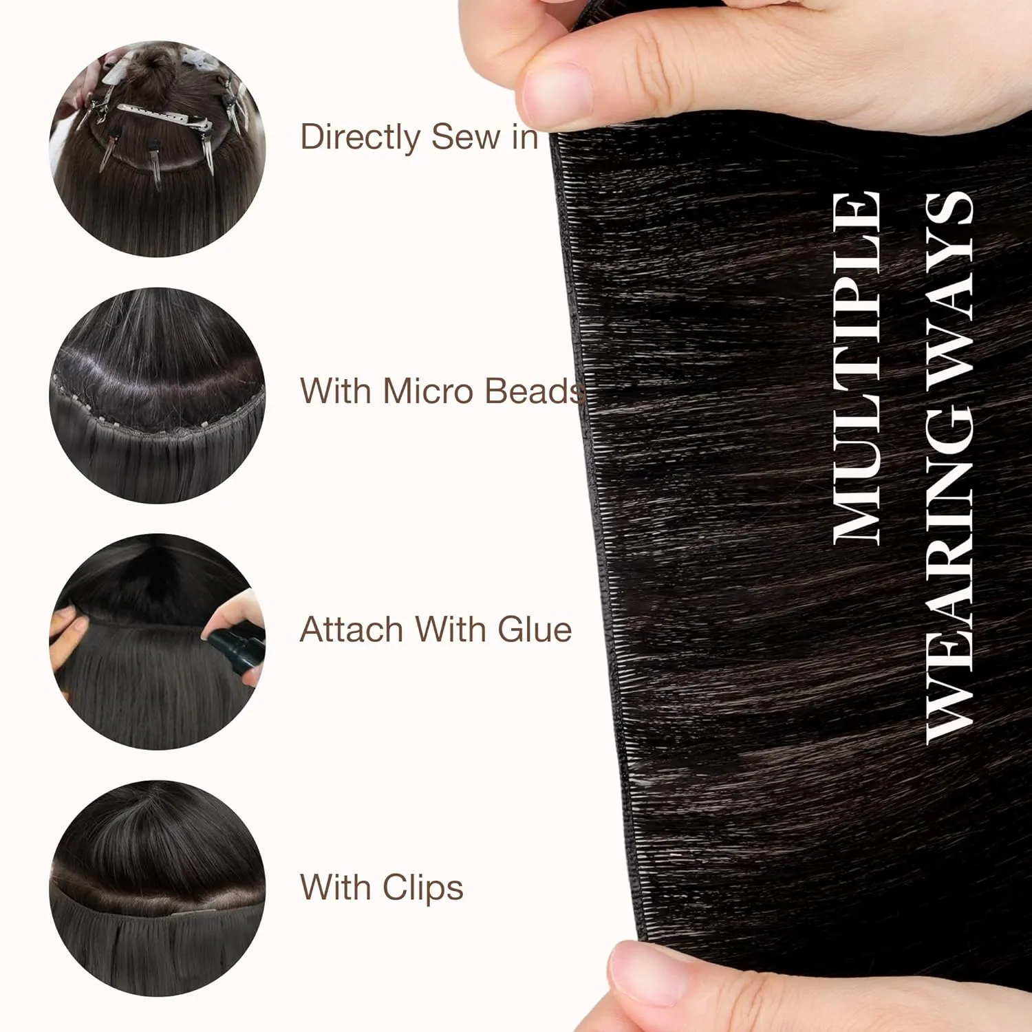 GOO GOO Genius Human Hair Extensions, Sew In Remy Weft, 1B Natural Black 22inch 120g, Hand Tied Weft