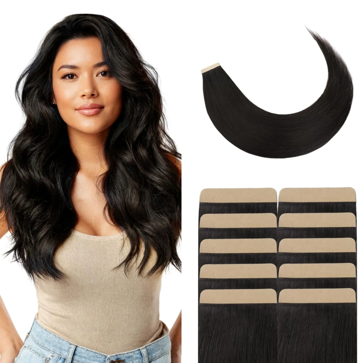 GOO GOO Tape Weft Hair extenisons, 1B Natural Black, 4cm Wide Tape, 20inch 20pcs 80g, Real Human Hair, Seamless Tape in, Instant Length&Volume