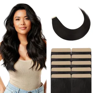 GOO GOO Tape Weft Hair extenisons, 1B Natural Black, 4cm Wide Tape, 20inch 20pcs 80g, Real Human Hair, Seamless Tape in, Instant Length&Volume