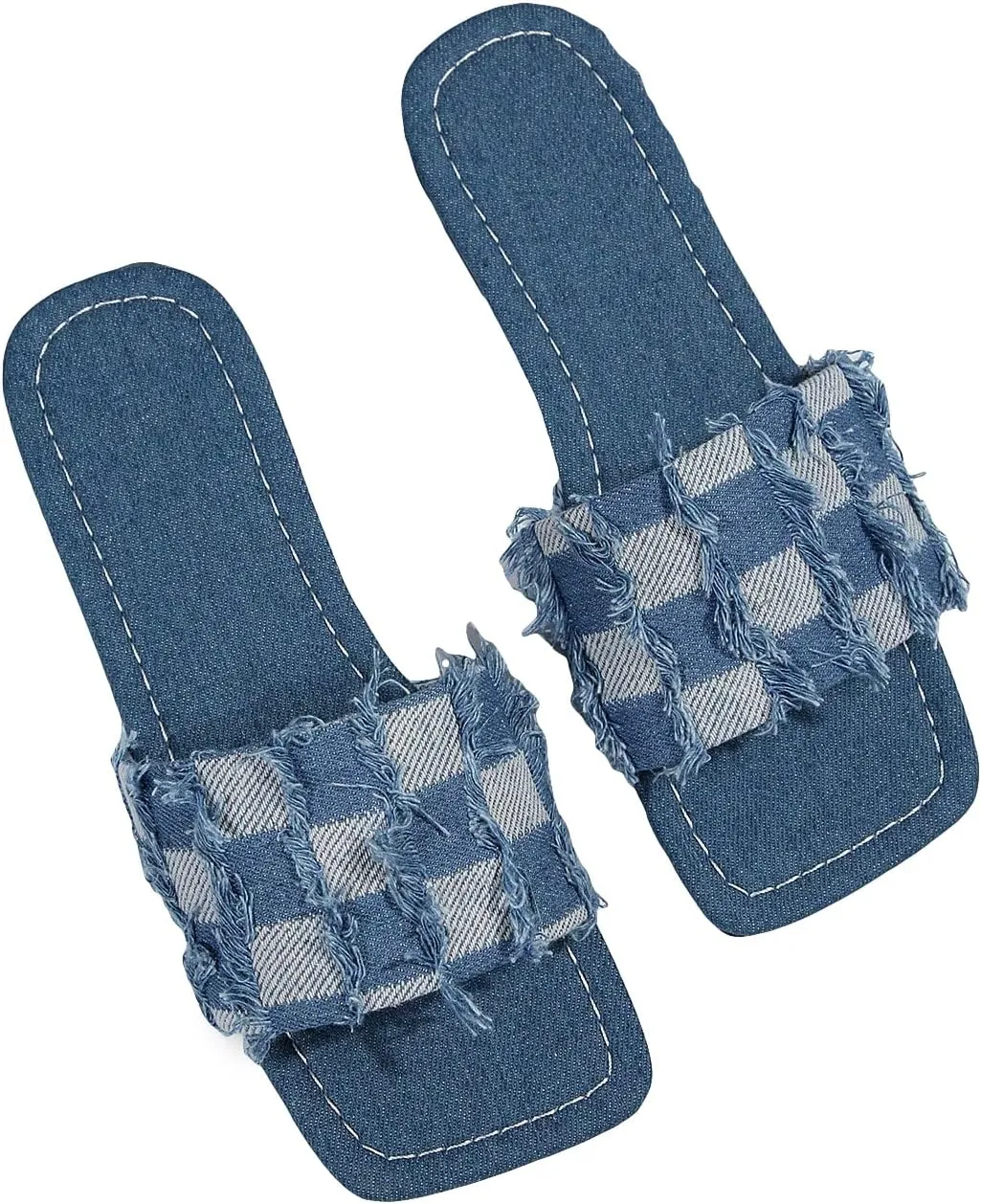 GORGLITTER Women's Denim Flat Sandals Raw Trim Jean Sandals Fashion Checkered Pattern Slide Sandals