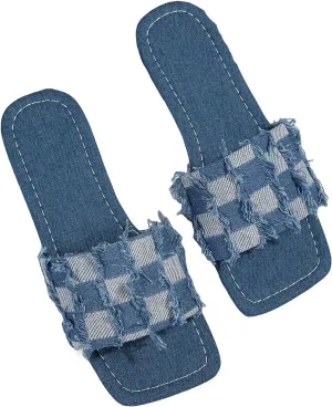 GORGLITTER Women's Denim Flat Sandals Raw Trim Jean Sandals Fashion Checkered Pattern Slide Sandals