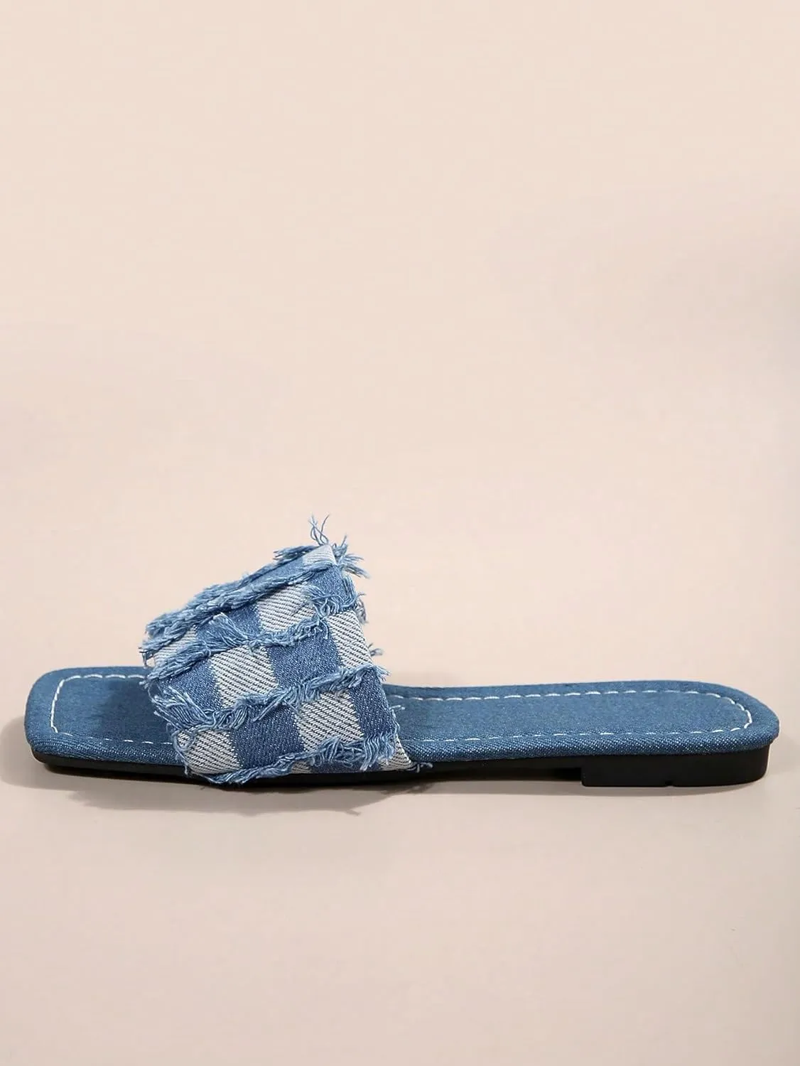 GORGLITTER Women's Denim Flat Sandals Raw Trim Jean Sandals Fashion Checkered Pattern Slide Sandals