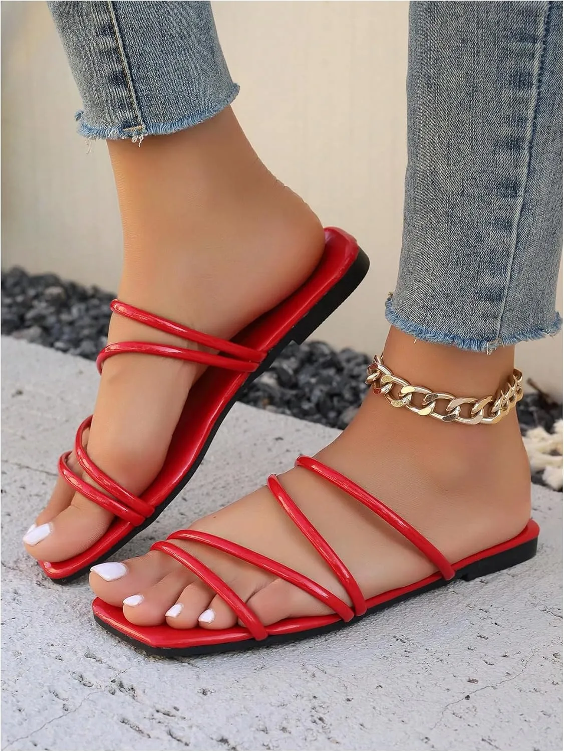 GORGLITTER Women's Strappy Flat Sandals Cute Dressy Open Toe Slip on Slide Sandals