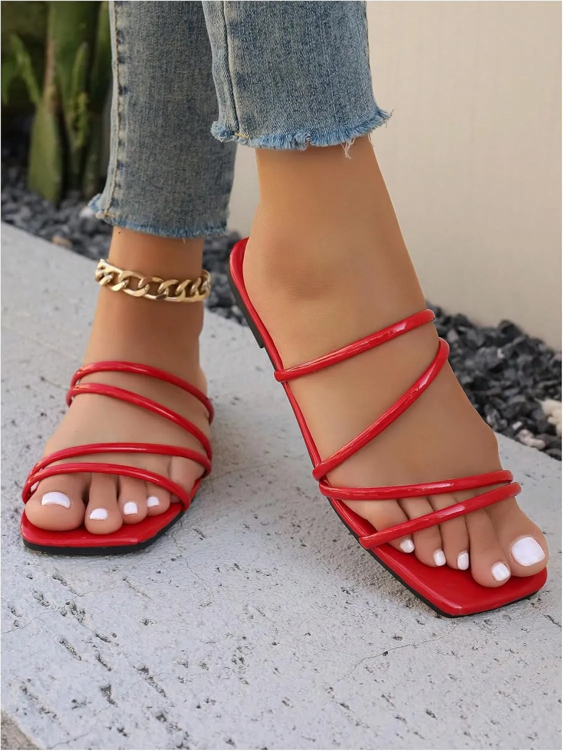 GORGLITTER Women's Strappy Flat Sandals Cute Dressy Open Toe Slip on Slide Sandals