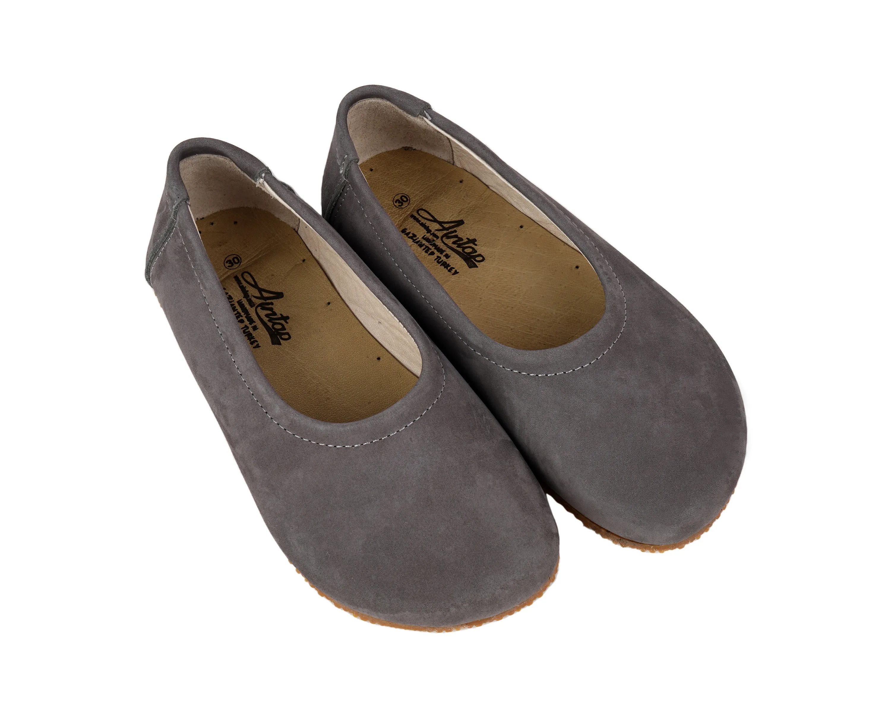Gray Kids Flat Ballet Wide Barefoot Shoes Nubuck Leather Handmade Leather & Rubber Sole