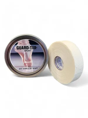 Guard-Tex White 3/4" Self-Adhering Toe Tape w/All New Protective Tin (90 ft Roll) - Comfortable Sweatproof Blister Protection Very Strong NO Sticky Residue Best Toe Pads for Ballet Dancers
