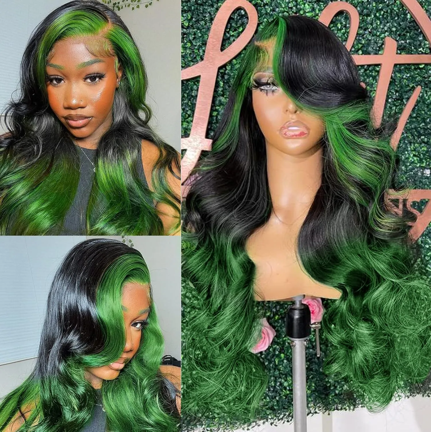 haha Green Ombre Lace Front Wig Human Hair Highlight Green Lace Front Wig Pre Plucked 13x4 Body Wave Lace Frontal Wig Black and Green Skunk Stripe Human Hair Wig Glueless Colored 24 Inch 150% Density