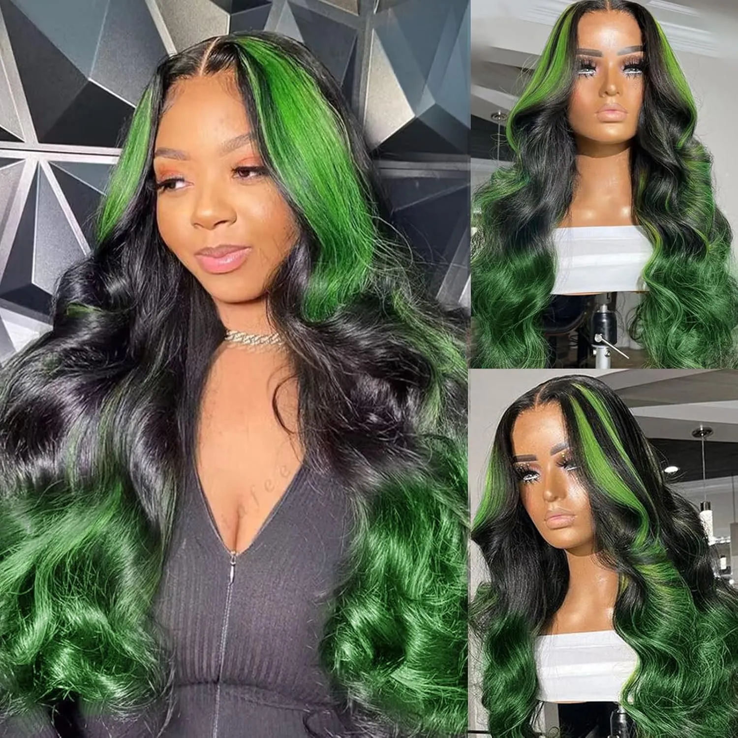 haha Green Ombre Lace Front Wig Human Hair Highlight Green Lace Front Wig Pre Plucked 13x4 Body Wave Lace Frontal Wig Black and Green Skunk Stripe Human Hair Wig Glueless Colored 24 Inch 150% Density