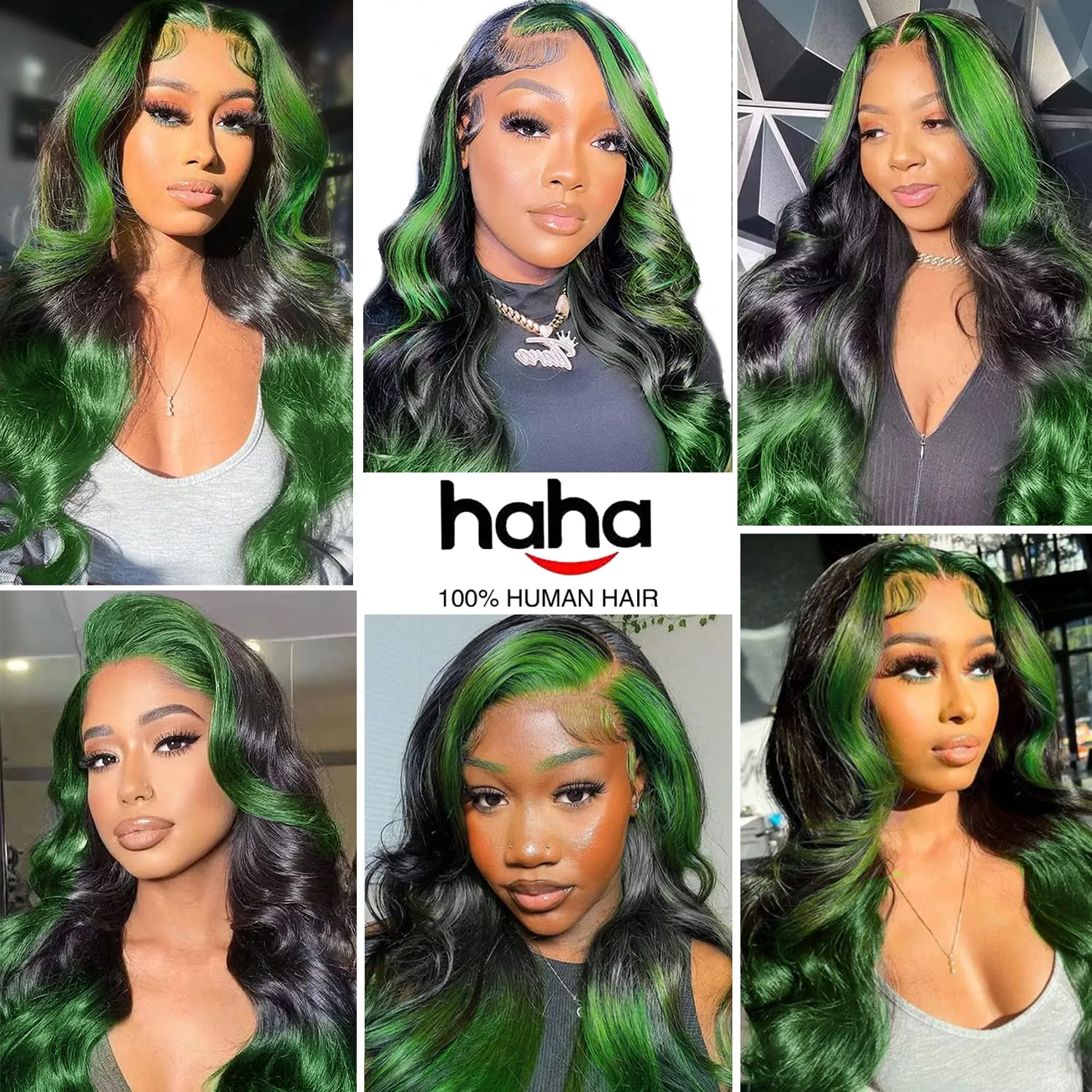 haha Green Ombre Lace Front Wig Human Hair Highlight Green Lace Front Wig Pre Plucked 13x4 Body Wave Lace Frontal Wig Black and Green Skunk Stripe Human Hair Wig Glueless Colored 24 Inch 150% Density
