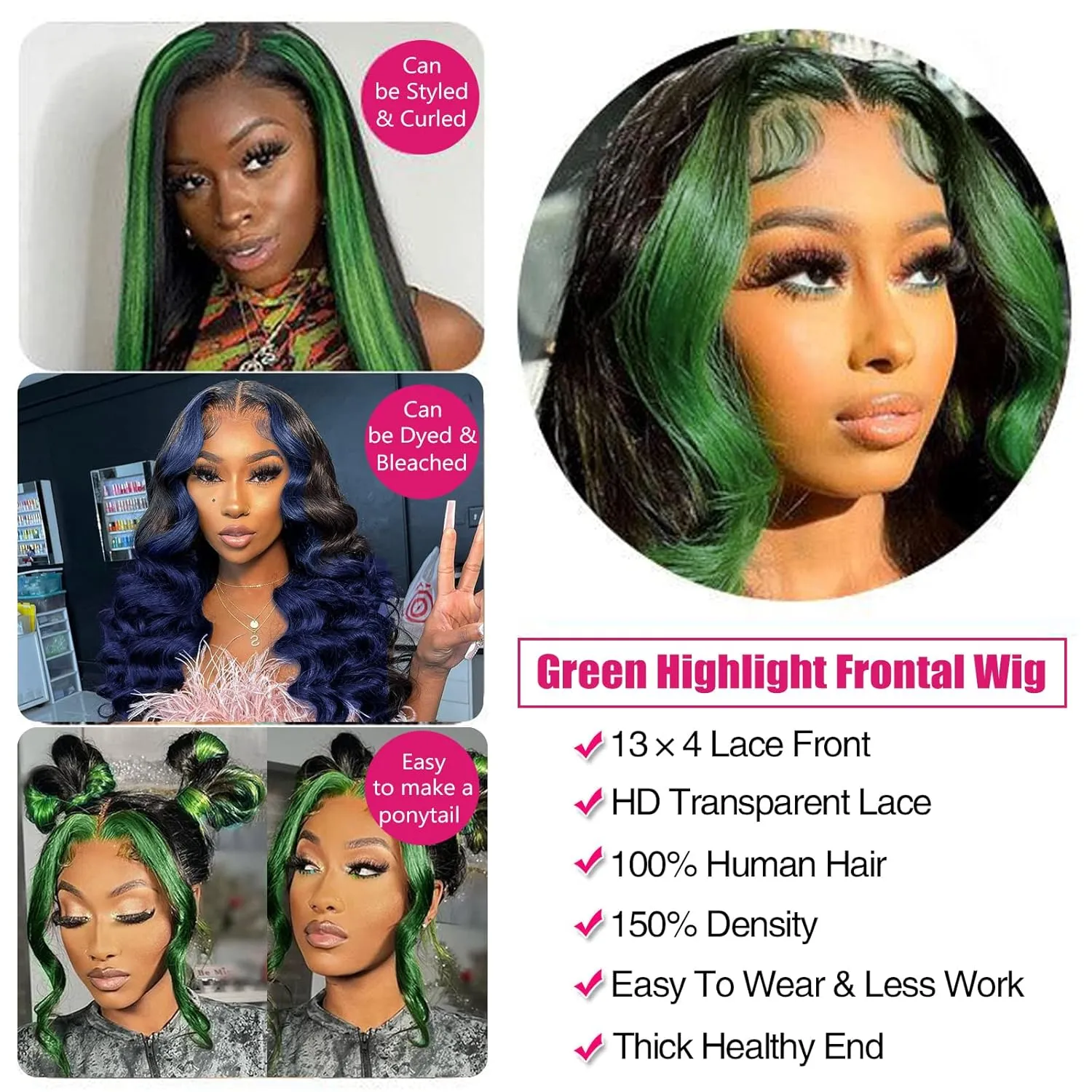 haha Green Ombre Lace Front Wig Human Hair Highlight Green Lace Front Wig Pre Plucked 13x4 Body Wave Lace Frontal Wig Black and Green Skunk Stripe Human Hair Wig Glueless Colored 24 Inch 150% Density