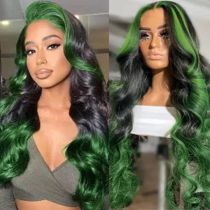 haha Green Ombre Lace Front Wig Human Hair Highlight Green Lace Front Wig Pre Plucked 13x4 Body Wave Lace Frontal Wig Black and Green Skunk Stripe Human Hair Wig Glueless Colored 24 Inch 150% Density