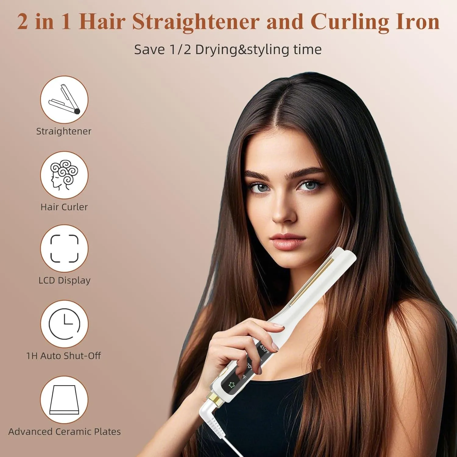 Hair Straightener, 1/2 Inch Flat Iron Straightener and Curling Iron 2 in 1，Ceramic Ionic Floating Plates for Less Frizz, 10s Quick Heat Up, Straightener for All Hair Types(White)