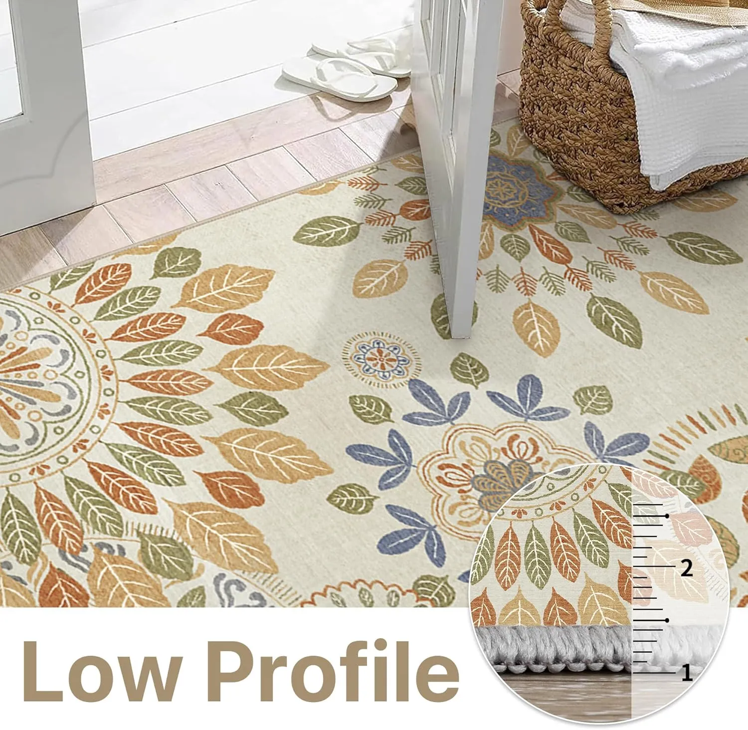 Hallway Runner, Floral Washable Runner Rug, Ultra Thin 2x7 Bathroom Rug Runner Non Slip Rubberback, Stain Resistant Rugs for Bedroom, Laundry Room, Beige Brown