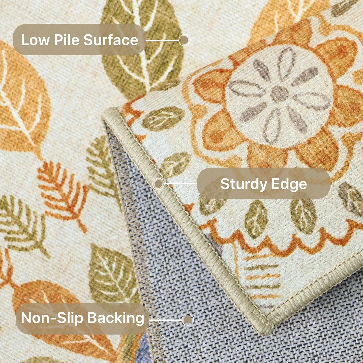 Hallway Runner, Floral Washable Runner Rug, Ultra Thin 2x7 Bathroom Rug Runner Non Slip Rubberback, Stain Resistant Rugs for Bedroom, Laundry Room, Beige Brown