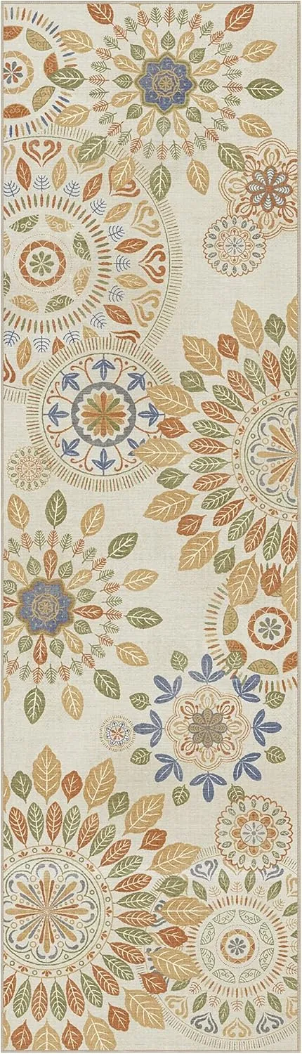 Hallway Runner, Floral Washable Runner Rug, Ultra Thin 2x7 Bathroom Rug Runner Non Slip Rubberback, Stain Resistant Rugs for Bedroom, Laundry Room, Beige Brown