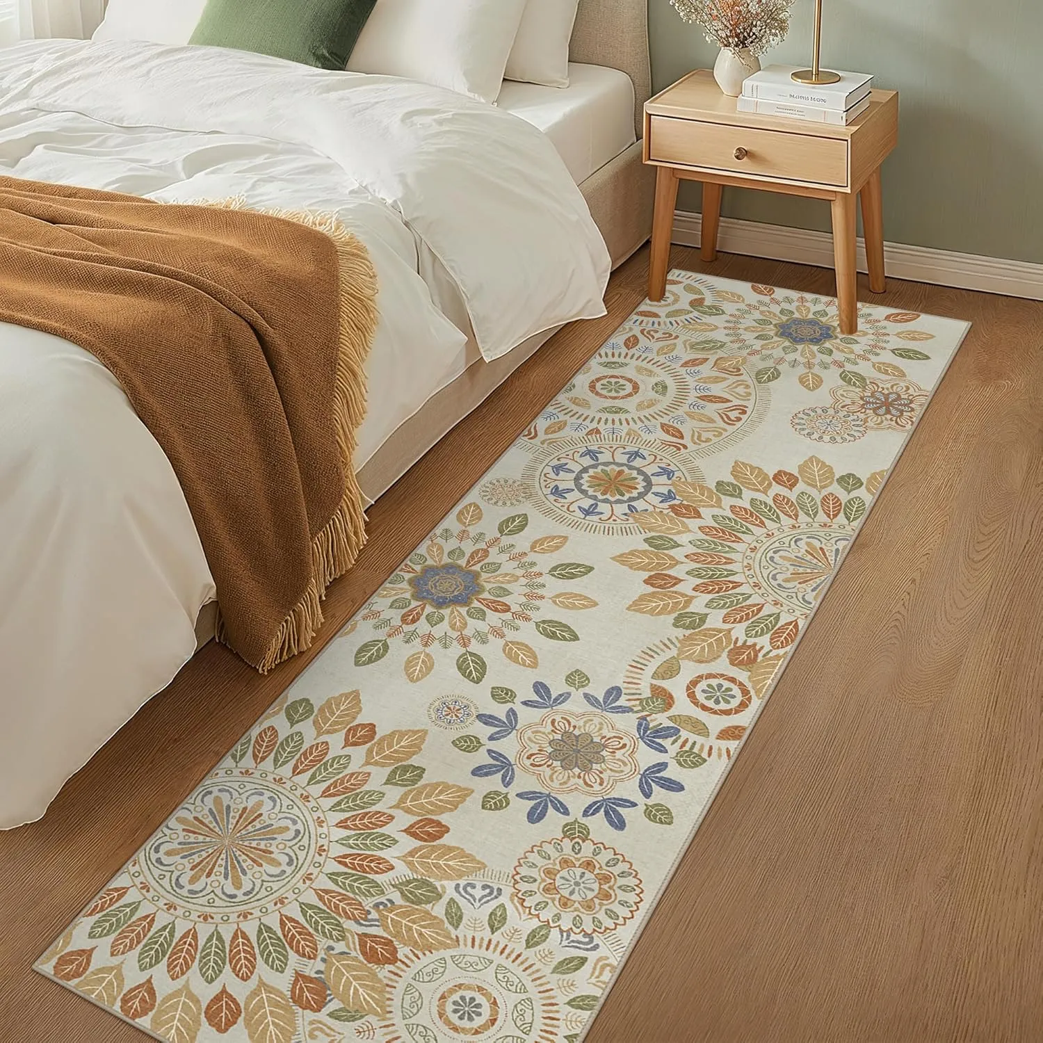 Hallway Runner, Floral Washable Runner Rug, Ultra Thin 2x7 Bathroom Rug Runner Non Slip Rubberback, Stain Resistant Rugs for Bedroom, Laundry Room, Beige Brown