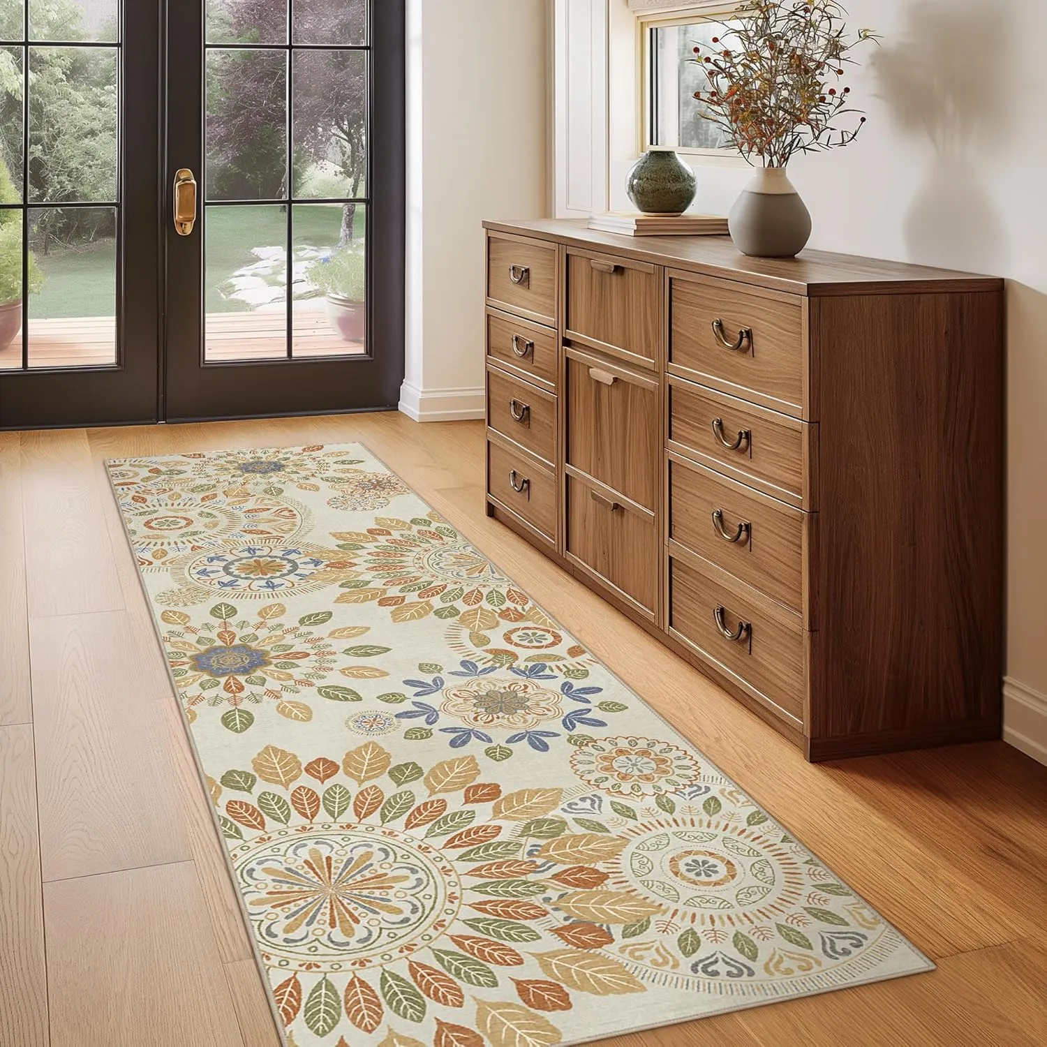 Hallway Runner, Floral Washable Runner Rug, Ultra Thin 2x7 Bathroom Rug Runner Non Slip Rubberback, Stain Resistant Rugs for Bedroom, Laundry Room, Beige Brown