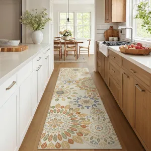 Hallway Runner, Floral Washable Runner Rug, Ultra Thin 2x7 Bathroom Rug Runner Non Slip Rubberback, Stain Resistant Rugs for Bedroom, Laundry Room, Beige Brown