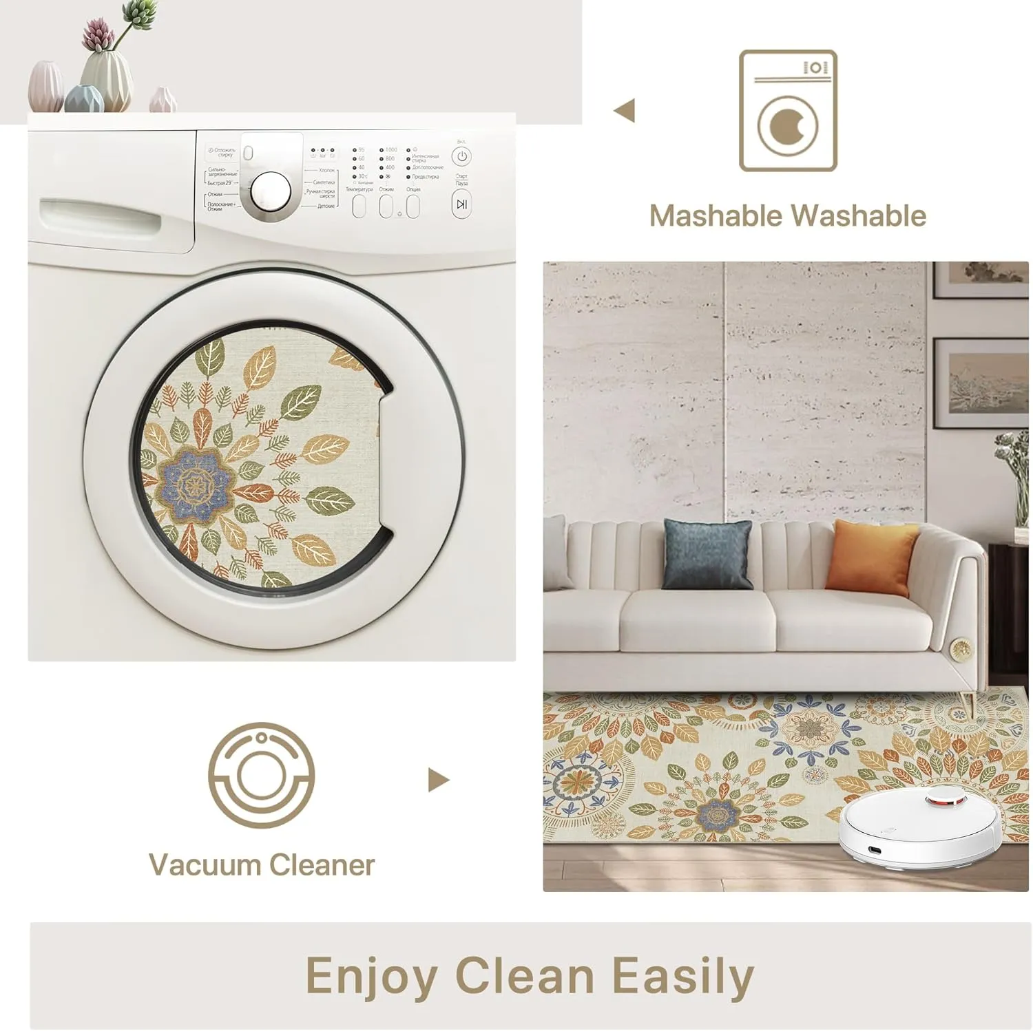 Hallway Runner, Floral Washable Runner Rug, Ultra Thin 2x7 Bathroom Rug Runner Non Slip Rubberback, Stain Resistant Rugs for Bedroom, Laundry Room, Beige Brown