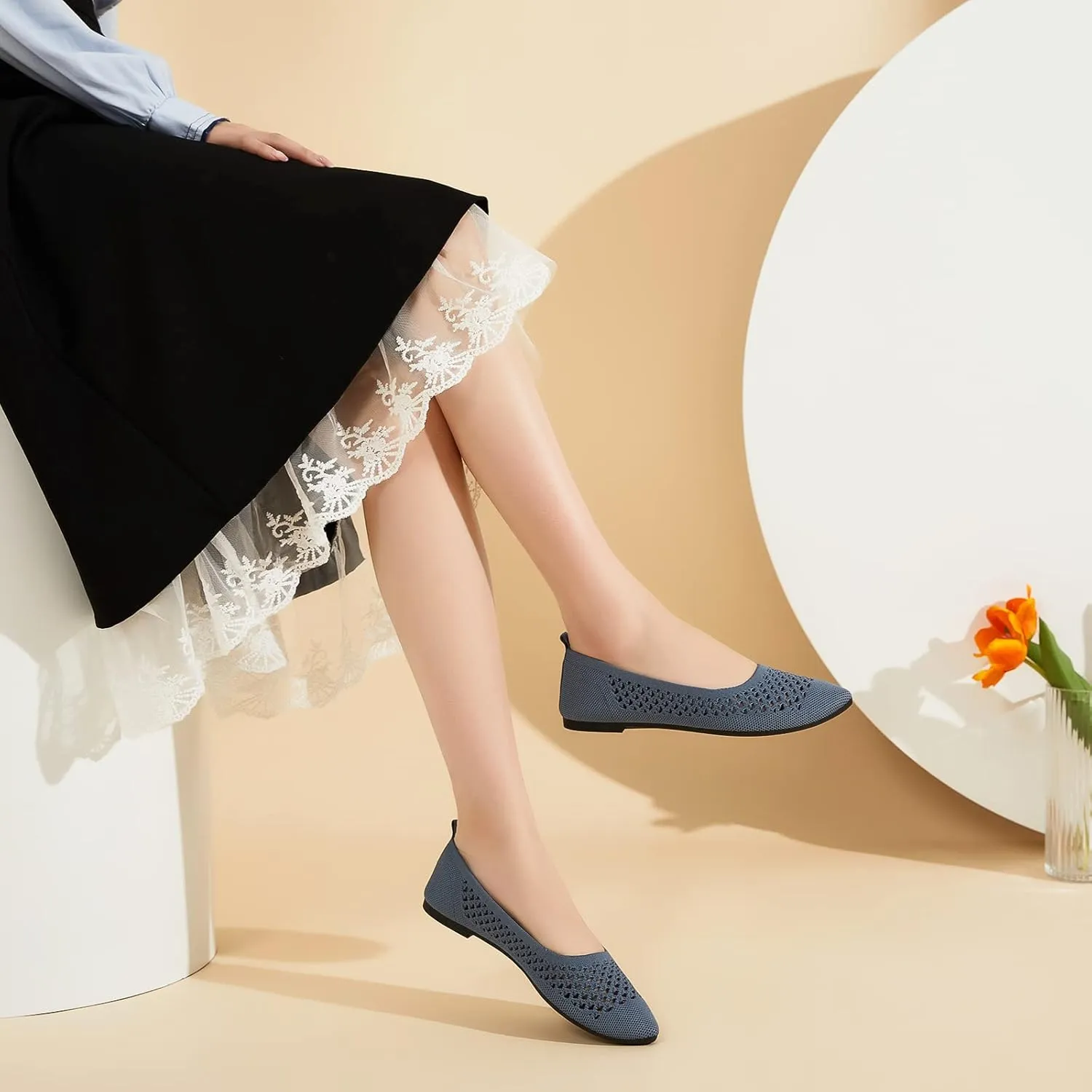 hash bubbie Women's Flats Shoes Women Comfortable Dress Shoes Black Pointed Toe Flats Ballet Mesh Knit Flat Dressy Slip on Business Casual Shoes for Women