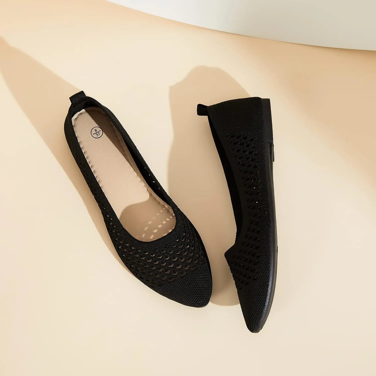 hash bubbie Women's Flats Shoes Women Comfortable Dress Shoes Black Pointed Toe Flats Ballet Mesh Knit Flat Dressy Slip on Business Casual Shoes for Women