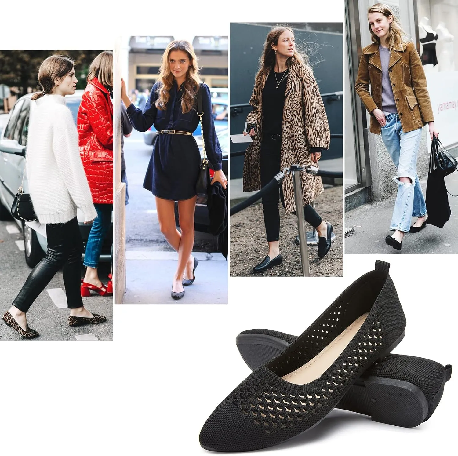 hash bubbie Women's Flats Shoes Women Comfortable Dress Shoes Black Pointed Toe Flats Ballet Mesh Knit Flat Dressy Slip on Business Casual Shoes for Women