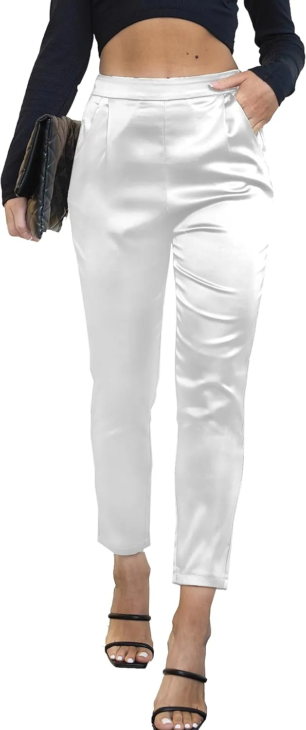 heipeiwa Women's Satin Pants Dress Casual Pleated Pull on High Waist Pants with Pockets
