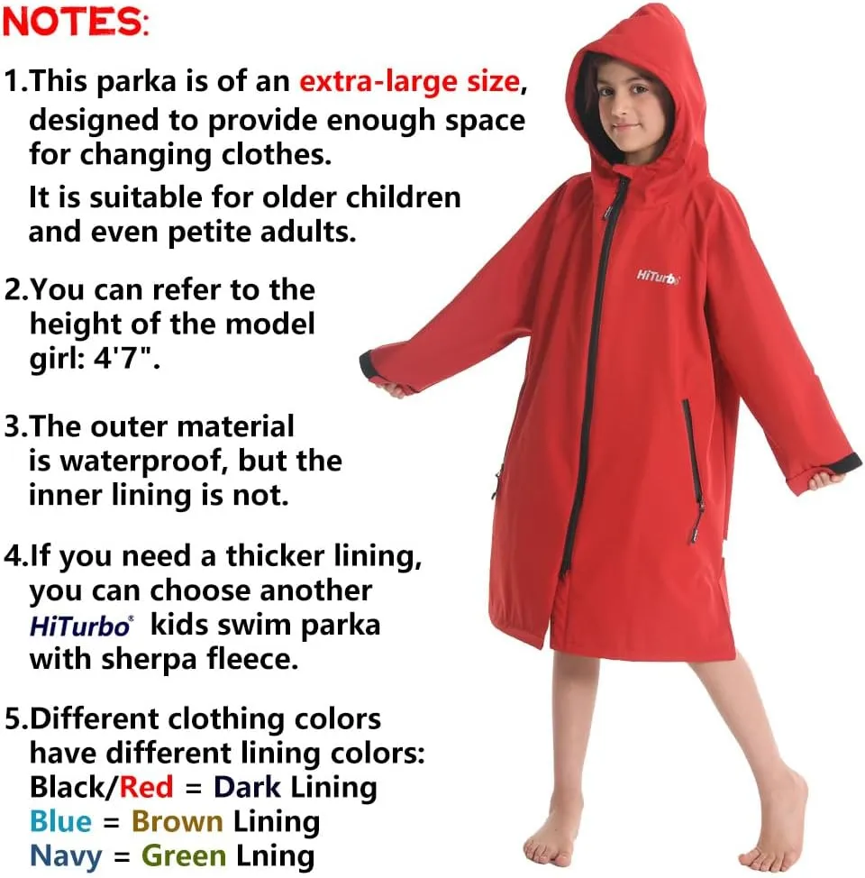 Hiturbo Kids Waterproof Swim Parka: Windproof Swimming Coat - Thin Fleece Lining - Oversized Swimmer Jacket