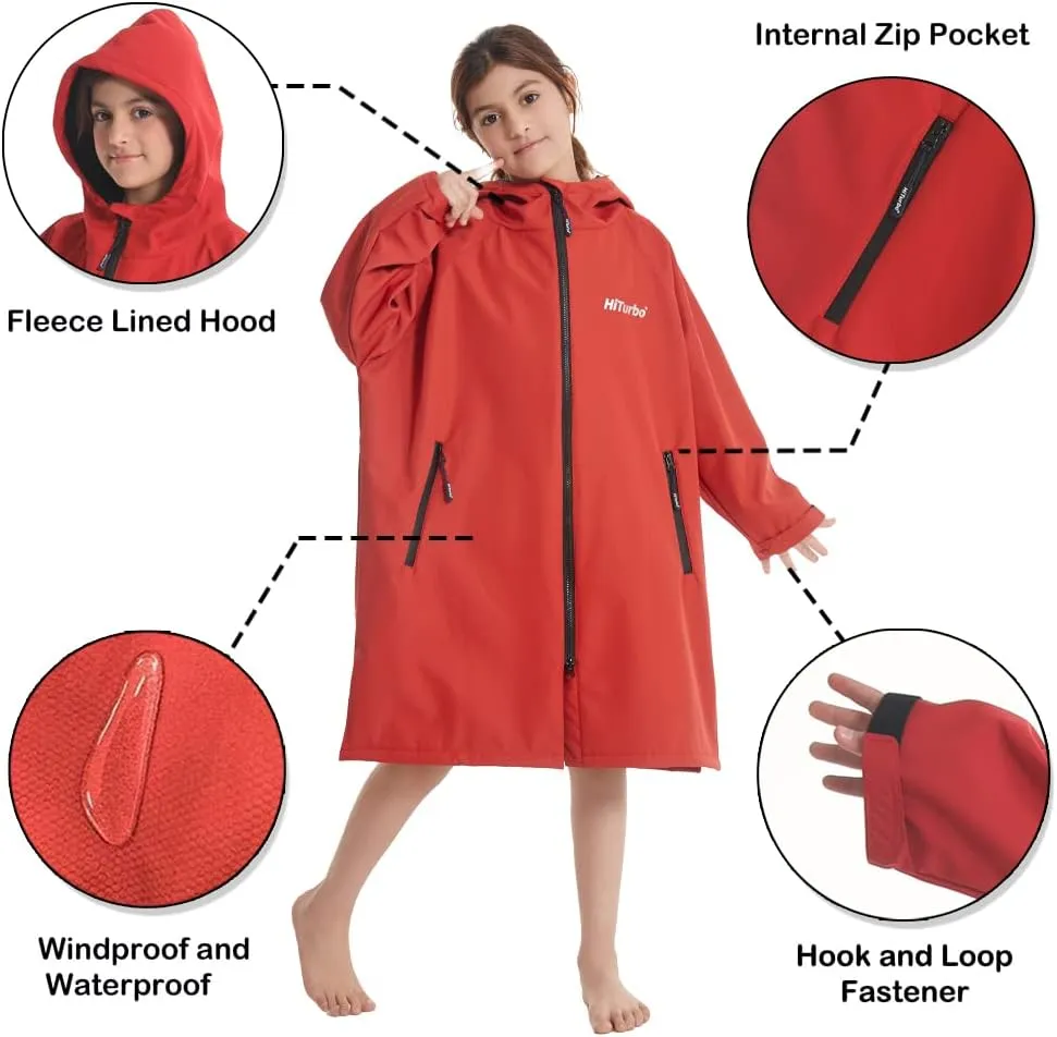 Hiturbo Kids Waterproof Swim Parka: Windproof Swimming Coat - Thin Fleece Lining - Oversized Swimmer Jacket
