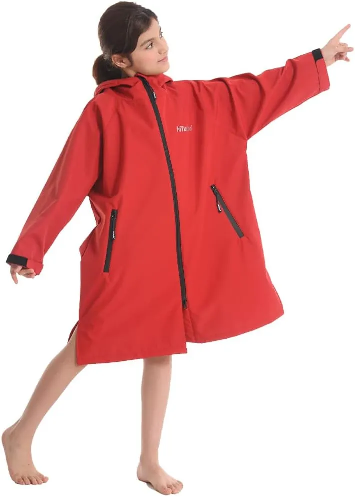 Hiturbo Kids Waterproof Swim Parka: Windproof Swimming Coat - Thin Fleece Lining - Oversized Swimmer Jacket