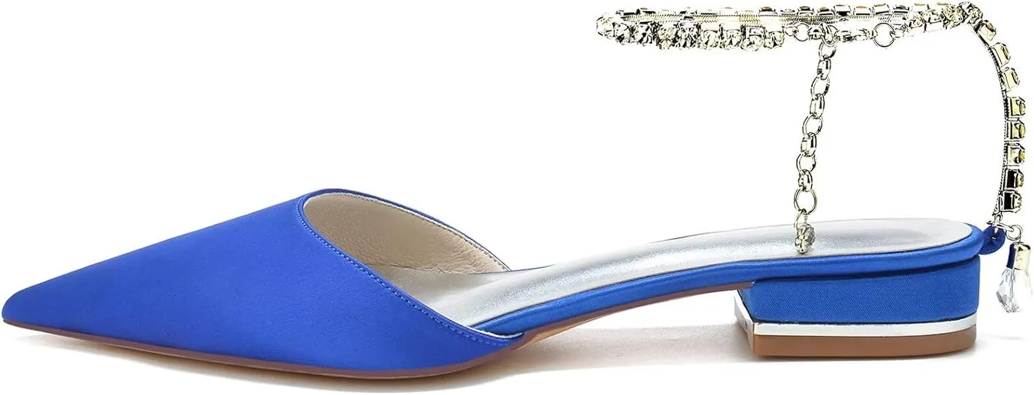 HNVAVQ Women's Ankle Strap Dress Flats Shoes Slip on Pointed Toe Satin Pumps Comfortable Low Heel Wedding Shoes for Bride