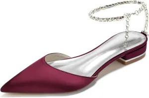 HNVAVQ Women's Ankle Strap Dress Flats Shoes Slip on Pointed Toe Satin Pumps Comfortable Low Heel Wedding Shoes for Bride