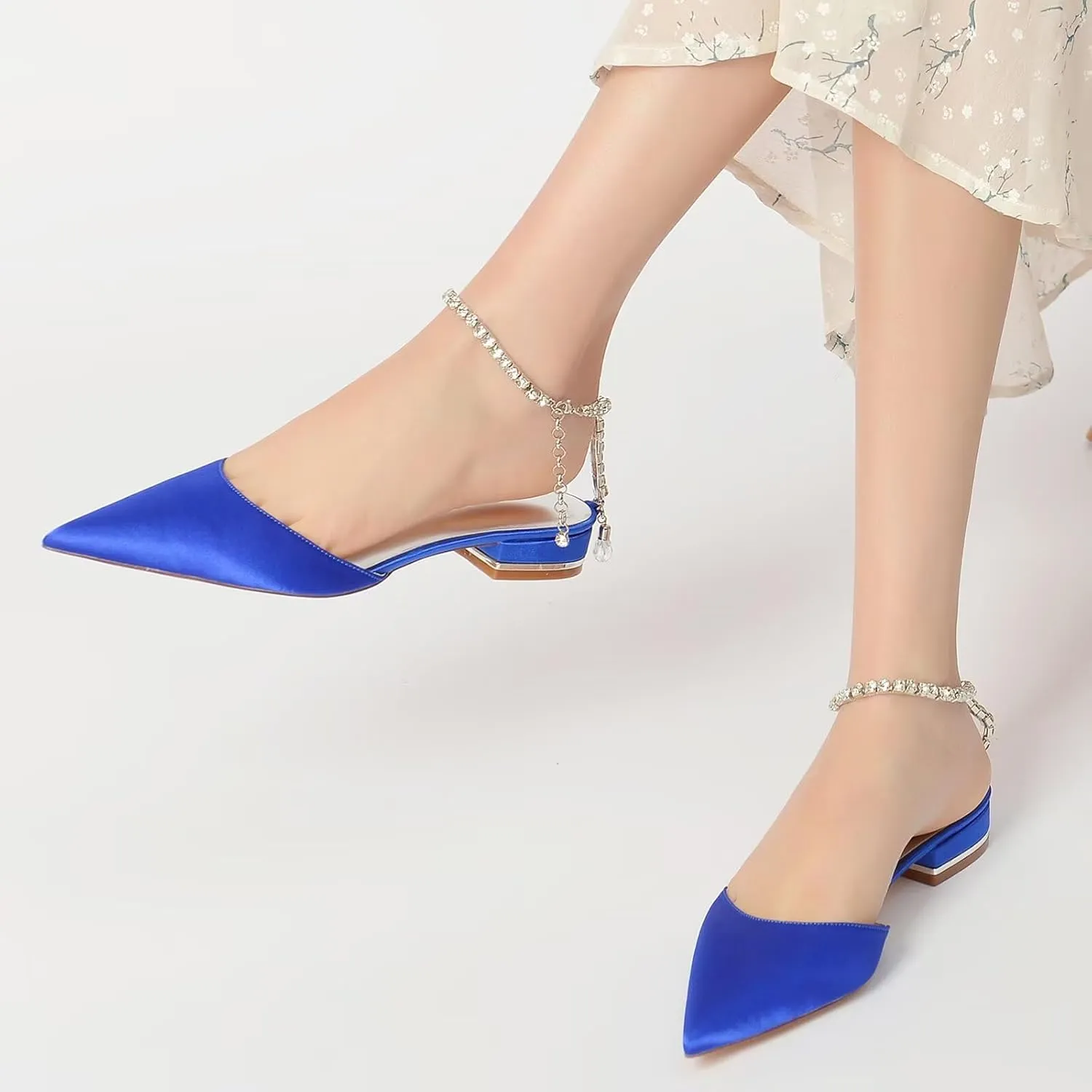 HNVAVQ Women's Ankle Strap Dress Flats Shoes Slip on Pointed Toe Satin Pumps Comfortable Low Heel Wedding Shoes for Bride