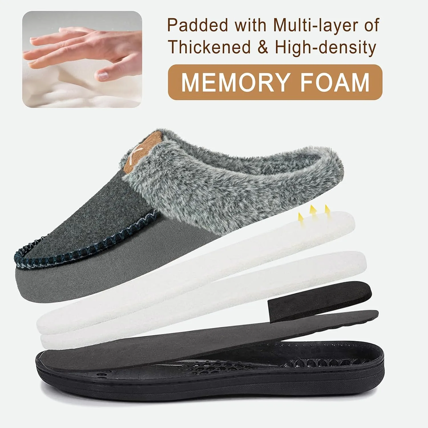 Homitem Men's Memory Foam Slippers,Fuzzy Wool-Like Plush Fleece Lined House Shoes Indoor Outdoor Slippers for men, Anti-Skid Rubber Sole Home Bedroom Slippers