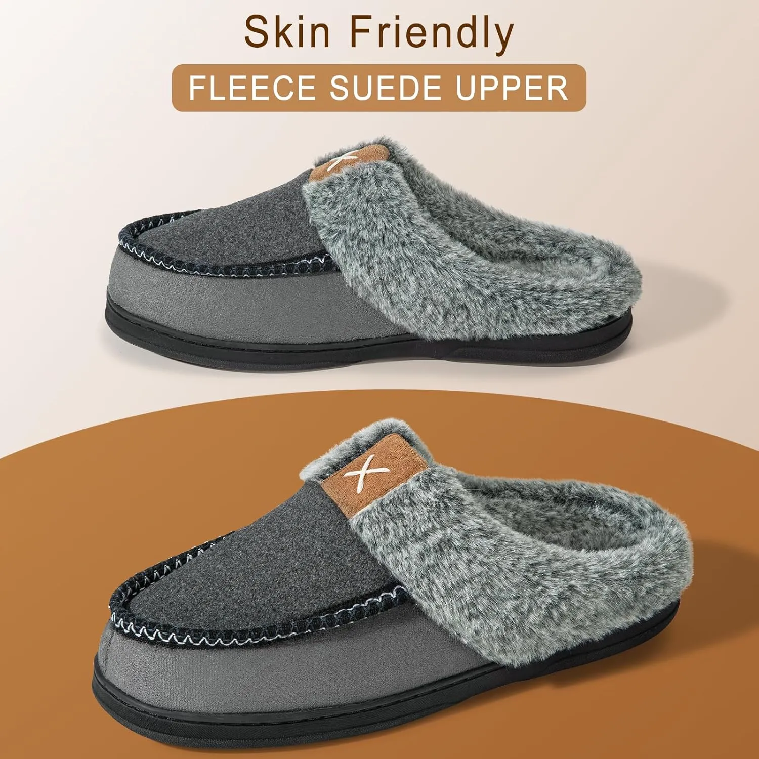 Homitem Men's Memory Foam Slippers,Fuzzy Wool-Like Plush Fleece Lined House Shoes Indoor Outdoor Slippers for men, Anti-Skid Rubber Sole Home Bedroom Slippers