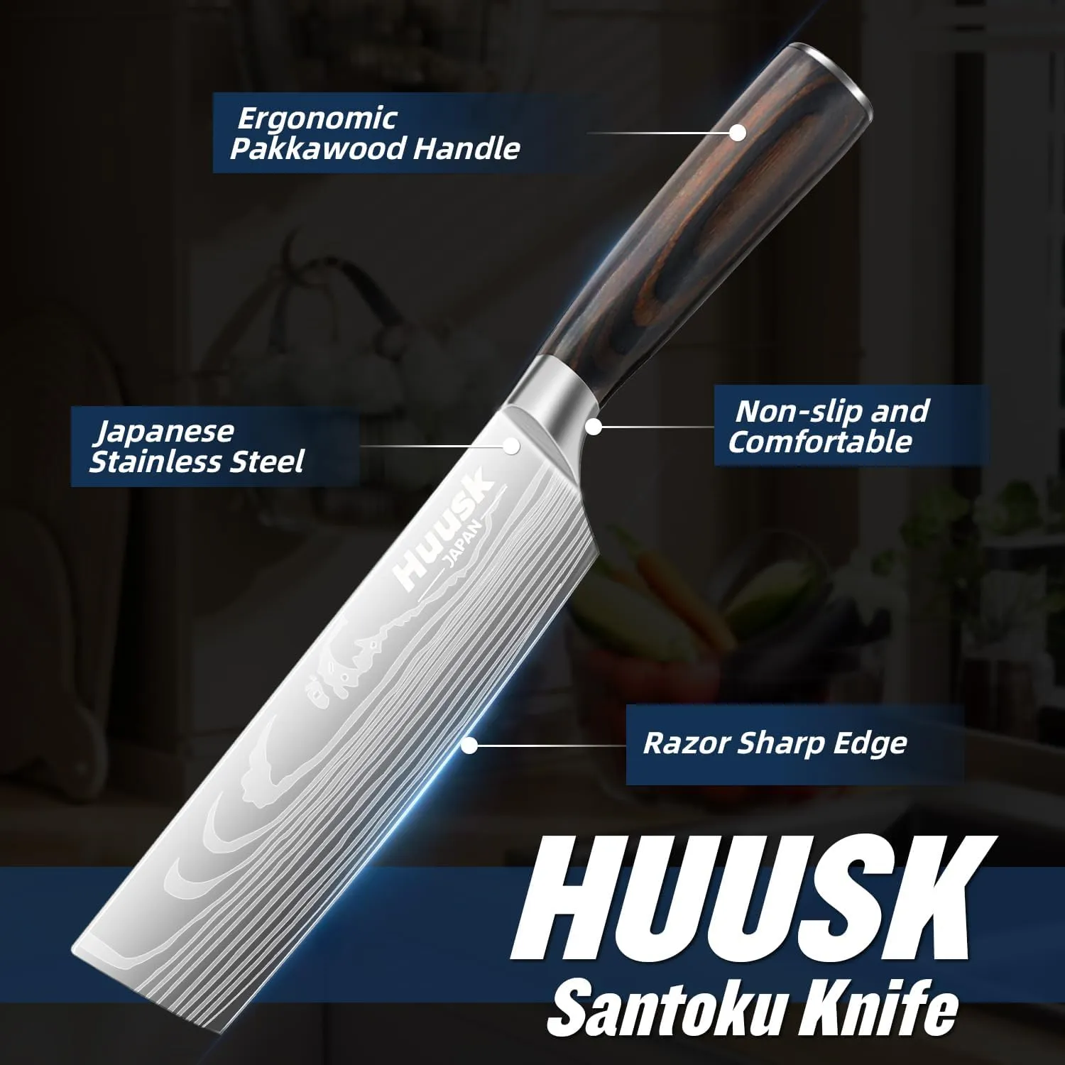 Huusk Nakiri Chef Knife - 6.8 Inch Japanese Kitchen Knives with Ergonomic Handle, Professional Cooking Knife