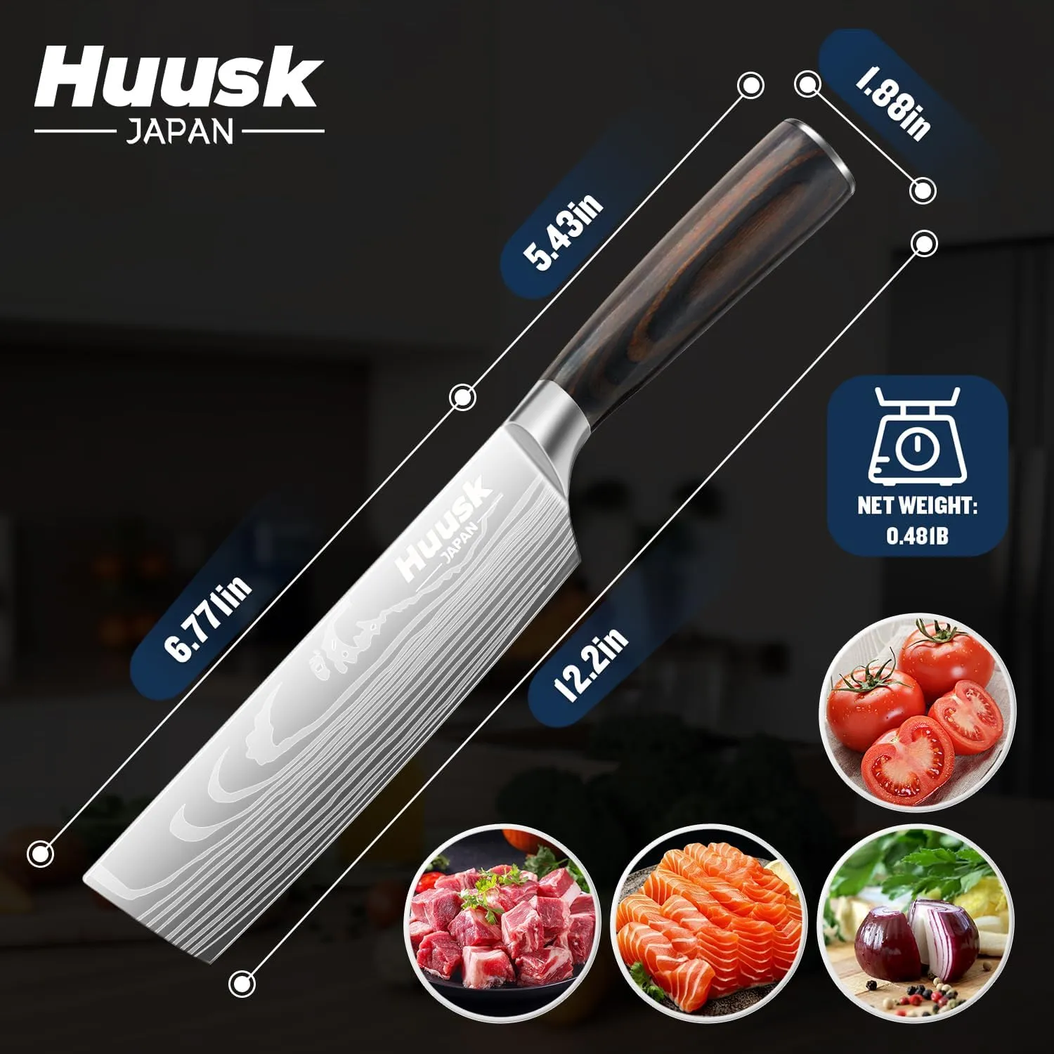 Huusk Nakiri Chef Knife - 6.8 Inch Japanese Kitchen Knives with Ergonomic Handle, Professional Cooking Knife