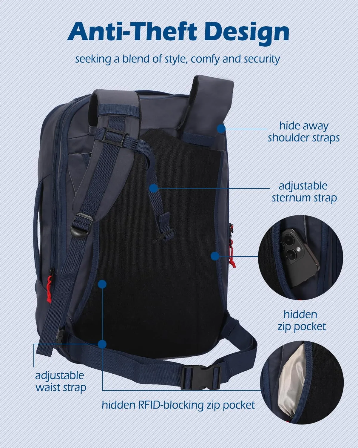 Hynes Eagle TSA Friendly Travel Backpack for Men Women Carry on Backpack 40L Flight Approved Laptop Backpack for 17 inches Compressible Weekender Bag Overnight Backpack Dark Blue
