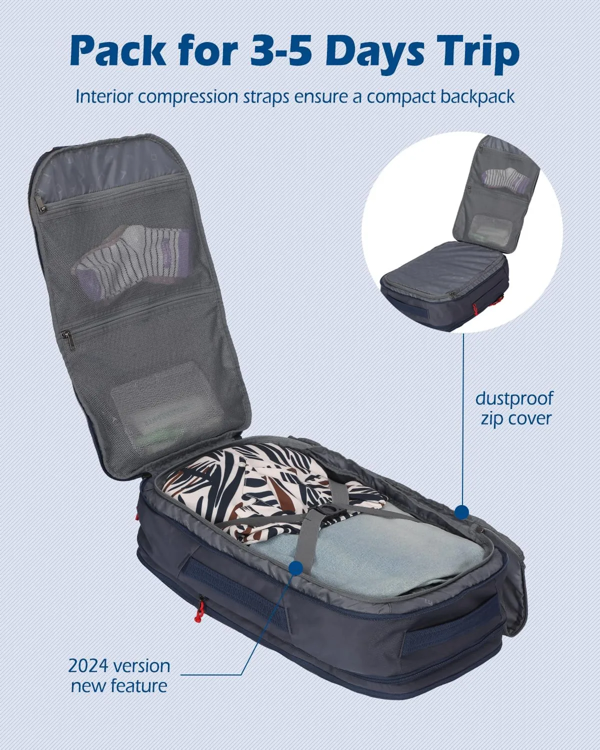 Hynes Eagle TSA Friendly Travel Backpack for Men Women Carry on Backpack 40L Flight Approved Laptop Backpack for 17 inches Compressible Weekender Bag Overnight Backpack Dark Blue